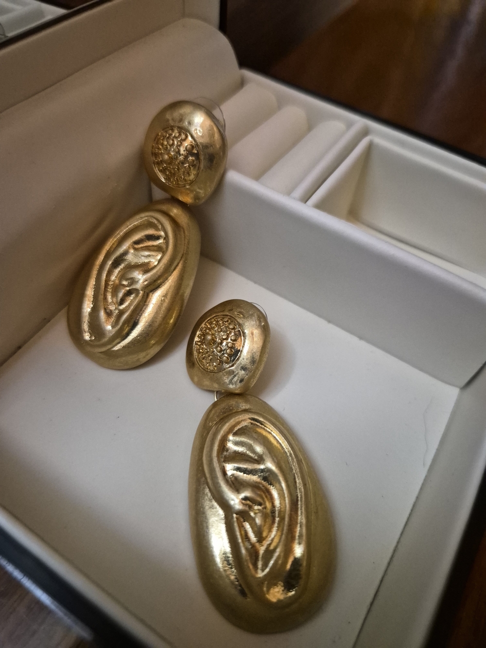 Statement Gold Matte  Drop Earrings with Sculptural Ear Motif